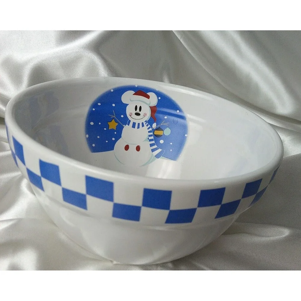 Vtg. Disney Mickey & Snowman Blue Checkerboard Lunch Set-9'' Plate & Bowl